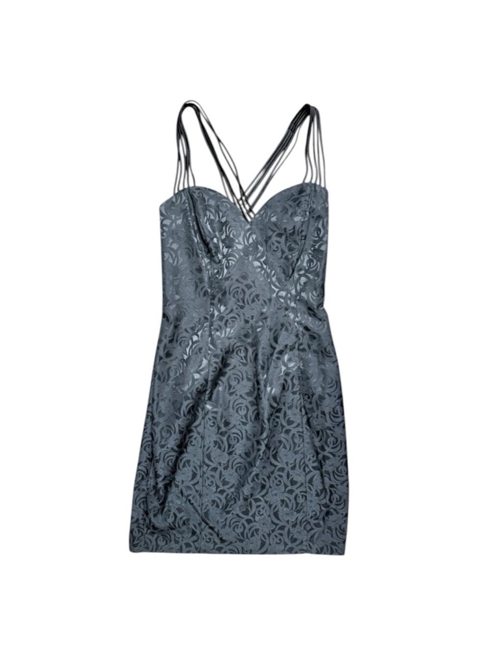 Vintage 90s Roberta Black Satin Jacquard Strappy Mini Dress USA 3/4